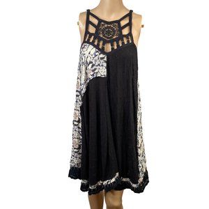 Free People Strappy Cage Mix Print Slip Swing Sundress M Patchwork Embellished